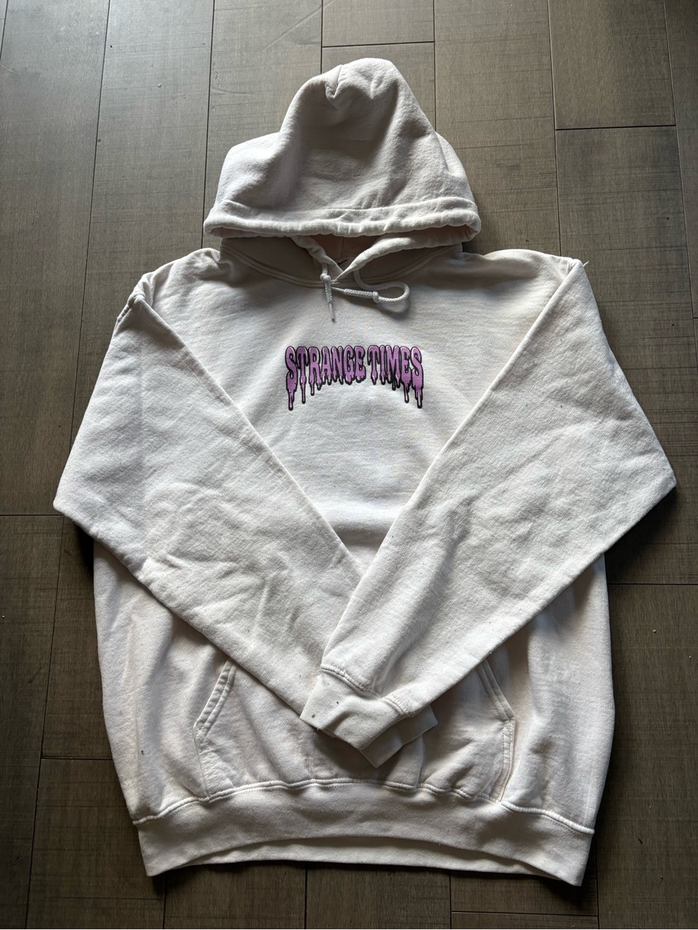 4 for $25- Strange Times' White Hoodie with Large Alien Graphic on Back